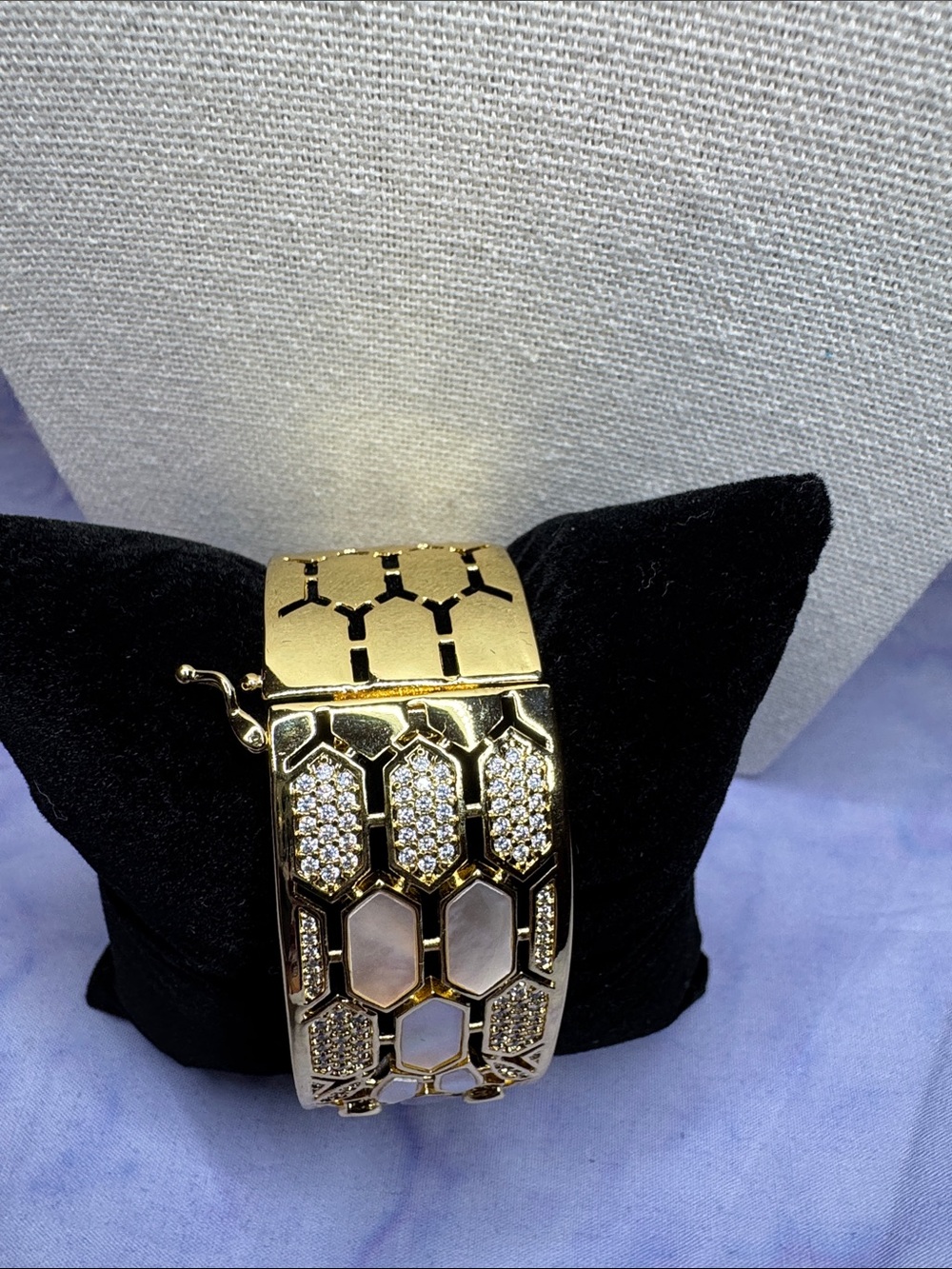 Gold-Tone Snake Cuff Bracelet with White Inlay and Green Stone Eyes - Picture 2 of 8